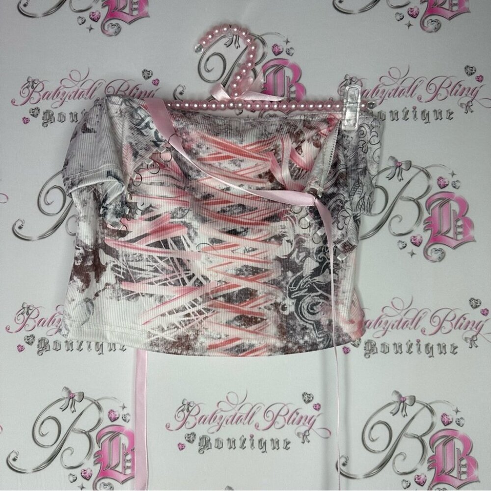 Tube strapless Corset Top lace up ribbon pink shimmer sexy tank ribbon 🎀 pink
